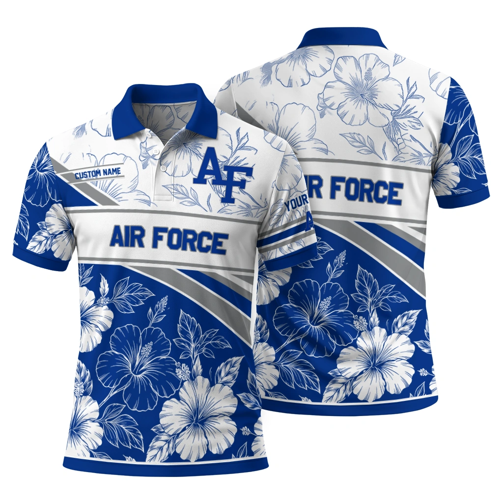 Air Force Falcons Polo Shirt Custom Floral Angles Blue White Fashion Forward Air Force Falcons Polo Shirt Custom Floral Angles Blue White Fashion Forward
