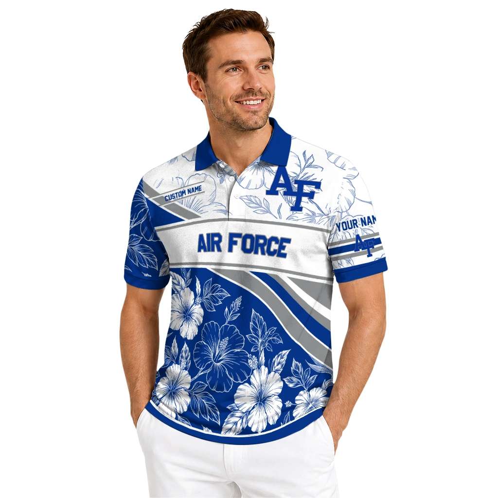 Air Force Falcons Polo Shirt Custom Floral Angles Blue White High Quality Air Force Falcons Polo Shirt Custom Floral Angles Blue White High Quality