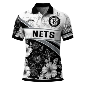 Brooklyn Nets Polo Shirt - Customized Floral Angles Black White
