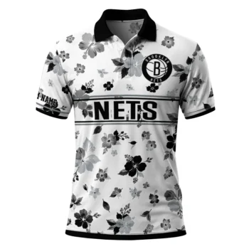 Brooklyn Nets Polo Shirt - Customized Floral Pinstripe Black White