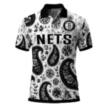 Brooklyn Nets Polo Shirt - Customized Paisley Florals Black White