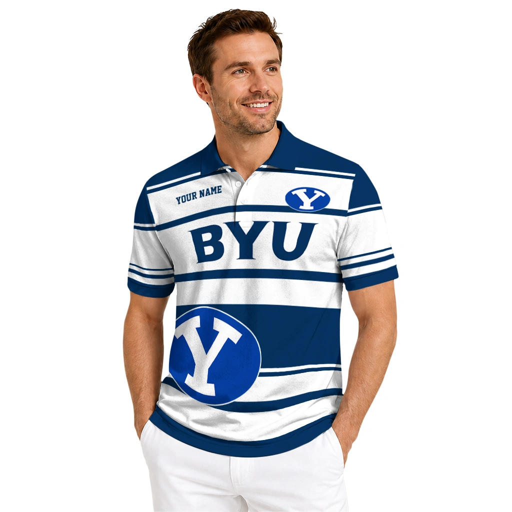 Byu Cougars Polo Shirt Customized Horizontal Blocks Blue High Quality Byu Cougars Polo Shirt Customized Horizontal Blocks Blue High Quality