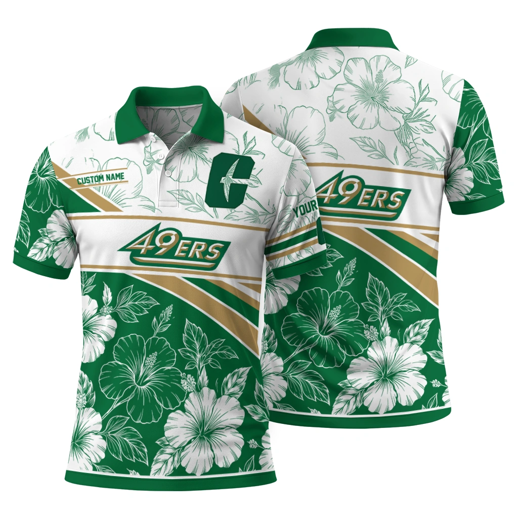 Charlotte 49ers Polo Shirt Custom Floral Angles Green White Fashion Forward Charlotte 49ers Polo Shirt Custom Floral Angles Green White Fashion Forward