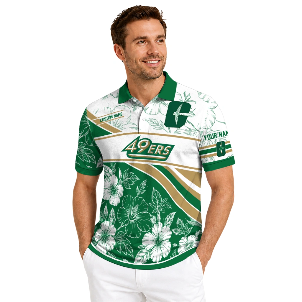 Charlotte 49ers Polo Shirt Custom Floral Angles Green White High Quality Charlotte 49ers Polo Shirt Custom Floral Angles Green White High Quality