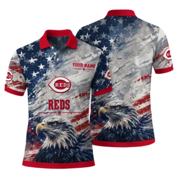 Cincinnati Reds Polo Shirt Personalized Star Brushstrokes Red Blue Fashion Forward