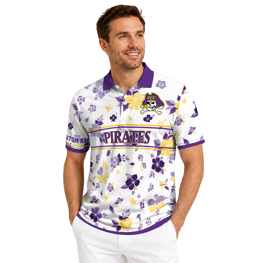 East Carolina Pirates Polo Shirt Customized Floral Pinstripe Purple White High Quality East Carolina Pirates Polo Shirt Customized Floral Pinstripe Purple White High Quality