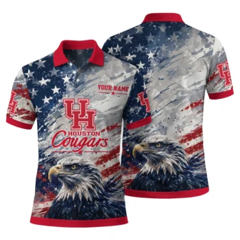 Houston Cougars Polo Shirt Customized Star Brushstrokes Red Blue Fashion Forward