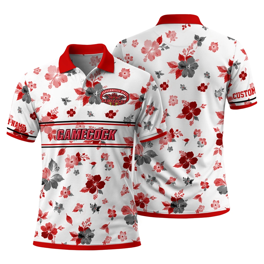 Jacksonville State Gamecocks Polo Shirt Custom Floral Pinstripe Red White Fashion Forward Jacksonville State Gamecocks Polo Shirt Custom Floral Pinstripe Red White Fashion Forward