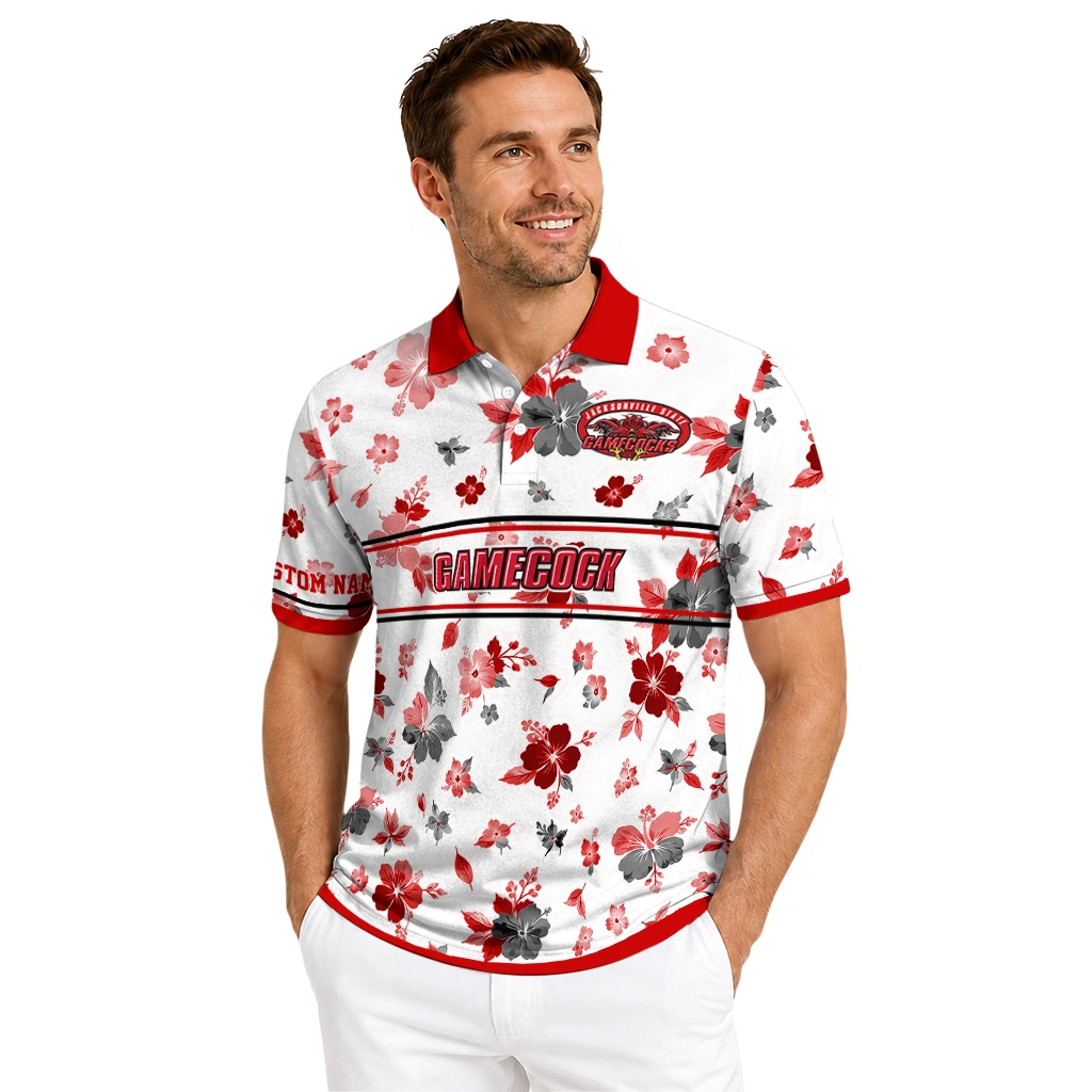 Jacksonville State Gamecocks Polo Shirt Custom Floral Pinstripe Red White High Quality Jacksonville State Gamecocks Polo Shirt Custom Floral Pinstripe Red White High Quality