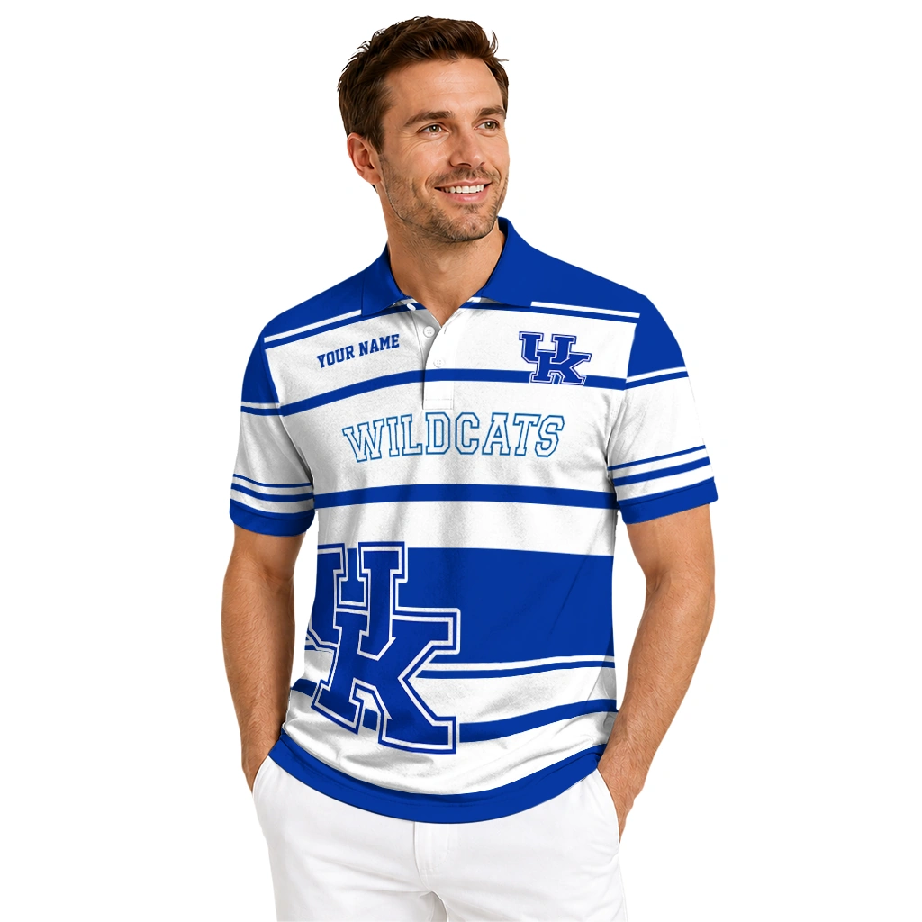 Kentucky Wildcats Polo Shirt Custom Horizontal Blocks Blue High Quality Kentucky Wildcats Polo Shirt Custom Horizontal Blocks Blue High Quality