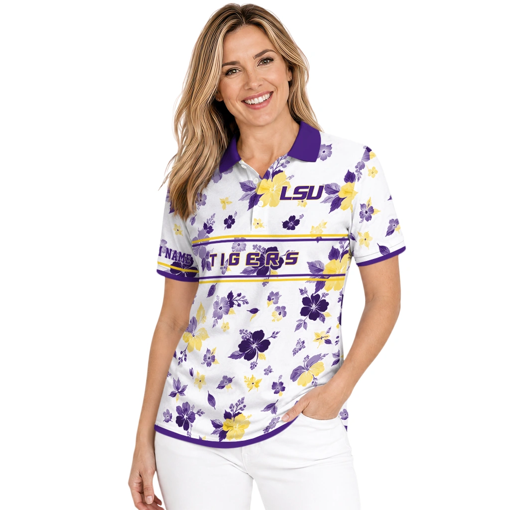 Lsu Tigers Polo Shirt Personalized Floral Pinstripe Purple White Latest Model Lsu Tigers Polo Shirt Personalized Floral Pinstripe Purple White Latest Model