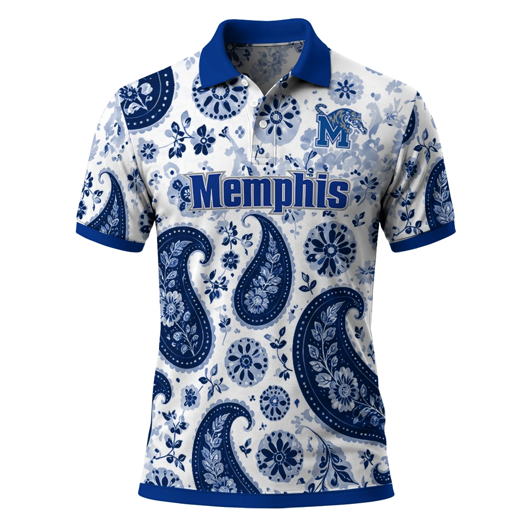 Memphis Tigers Polo Shirt Custom Paisley Florals Blue White Best Selling Memphis Tigers Polo Shirt Custom Paisley Florals Blue White Best Selling