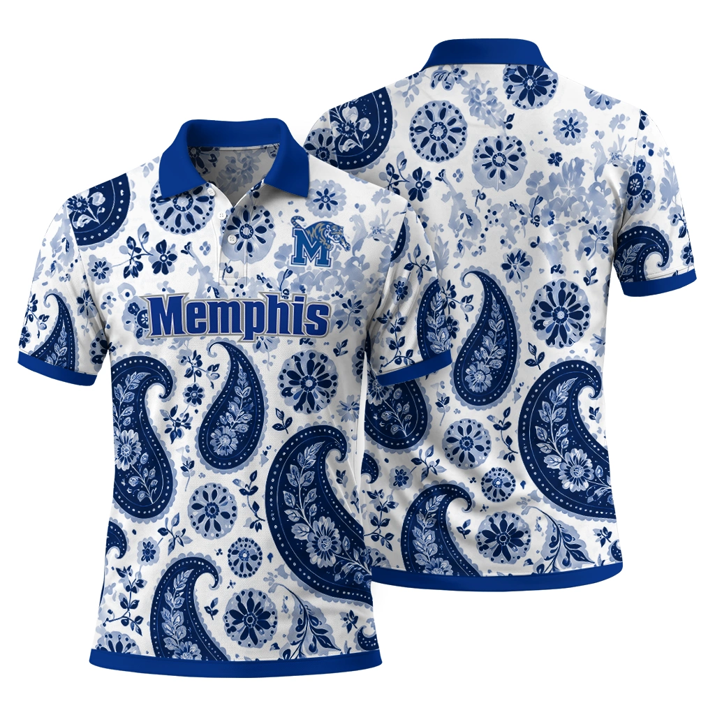 Memphis Tigers Polo Shirt Custom Paisley Florals Blue White Fashion Forward Memphis Tigers Polo Shirt Custom Paisley Florals Blue White Fashion Forward