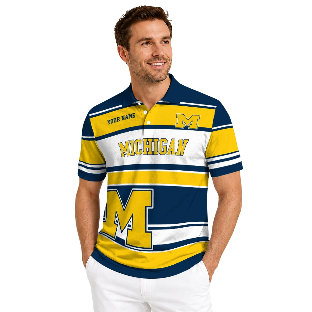 Michigan Wolverines Polo Shirt Custom Horizontal Blocks Blue High Quality Michigan Wolverines Polo Shirt Custom Horizontal Blocks Blue High Quality