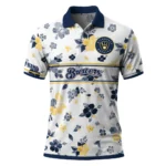 Milwaukee Brewers Polo Shirt Personalized Floral Pinstripe Navy Blue White Best Selling