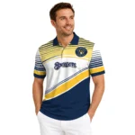 Milwaukee Brewers Polo Shirt Personalized Slanted Stripes Navy Blue White Best Selling