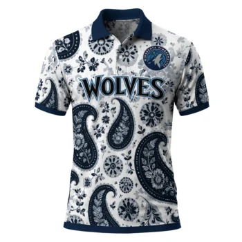 Minnesota Timberwolves Polo Shirt - Customized Paisley Florals Midnight Blue White