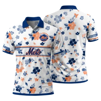 New York Mets Polo Shirt Customized Floral Pinstripe Blue White Fashion Forward