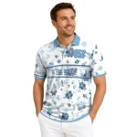 North Carolina Tar Heels Polo Shirt Customized Floral Pinstripe Light Blue White Best Selling