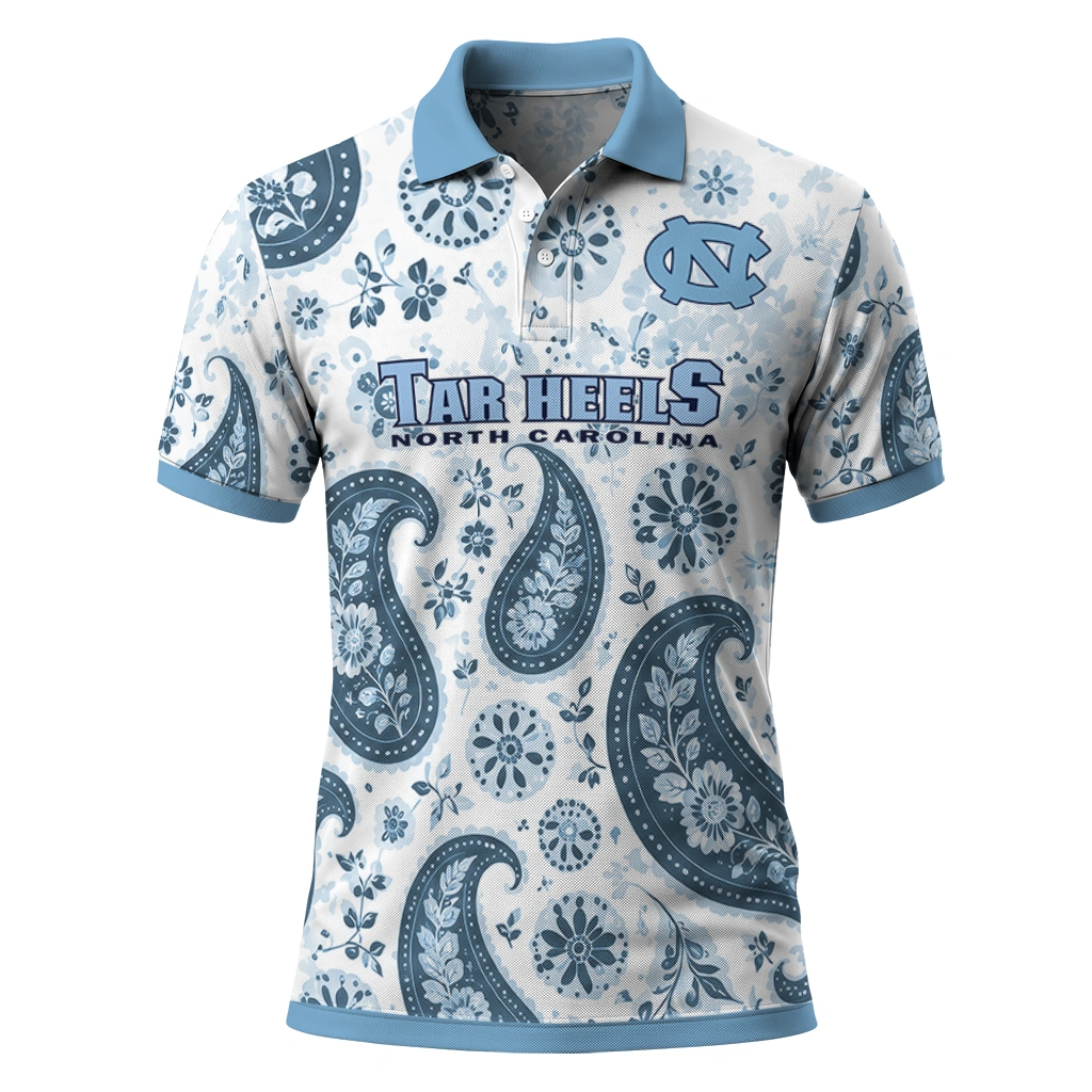 North Carolina Tar Heels Polo Shirt Customized Paisley Florals Light Blue White Best Selling North Carolina Tar Heels Polo Shirt Customized Paisley Florals Light Blue White Best Selling