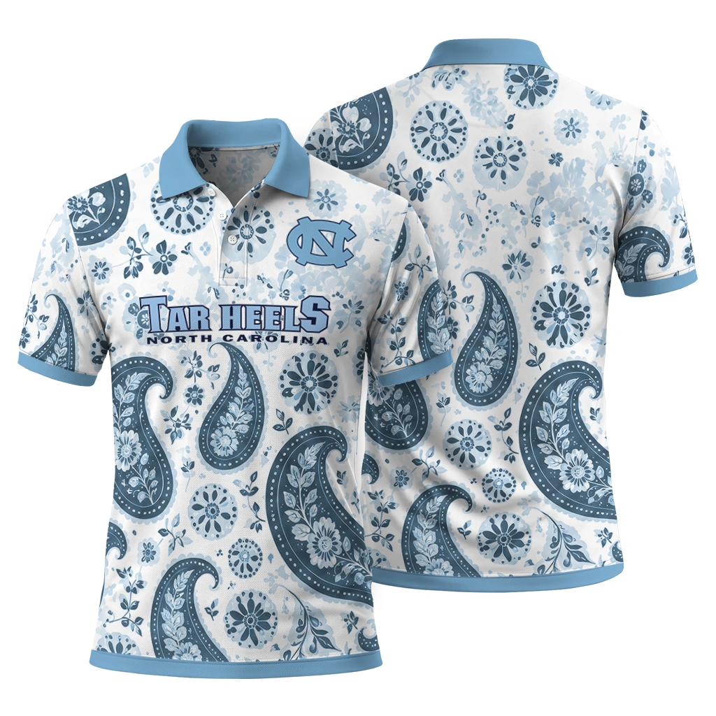 North Carolina Tar Heels Polo Shirt Customized Paisley Florals Light Blue White Fashion Forward North Carolina Tar Heels Polo Shirt Customized Paisley Florals Light Blue White Fashion Forward