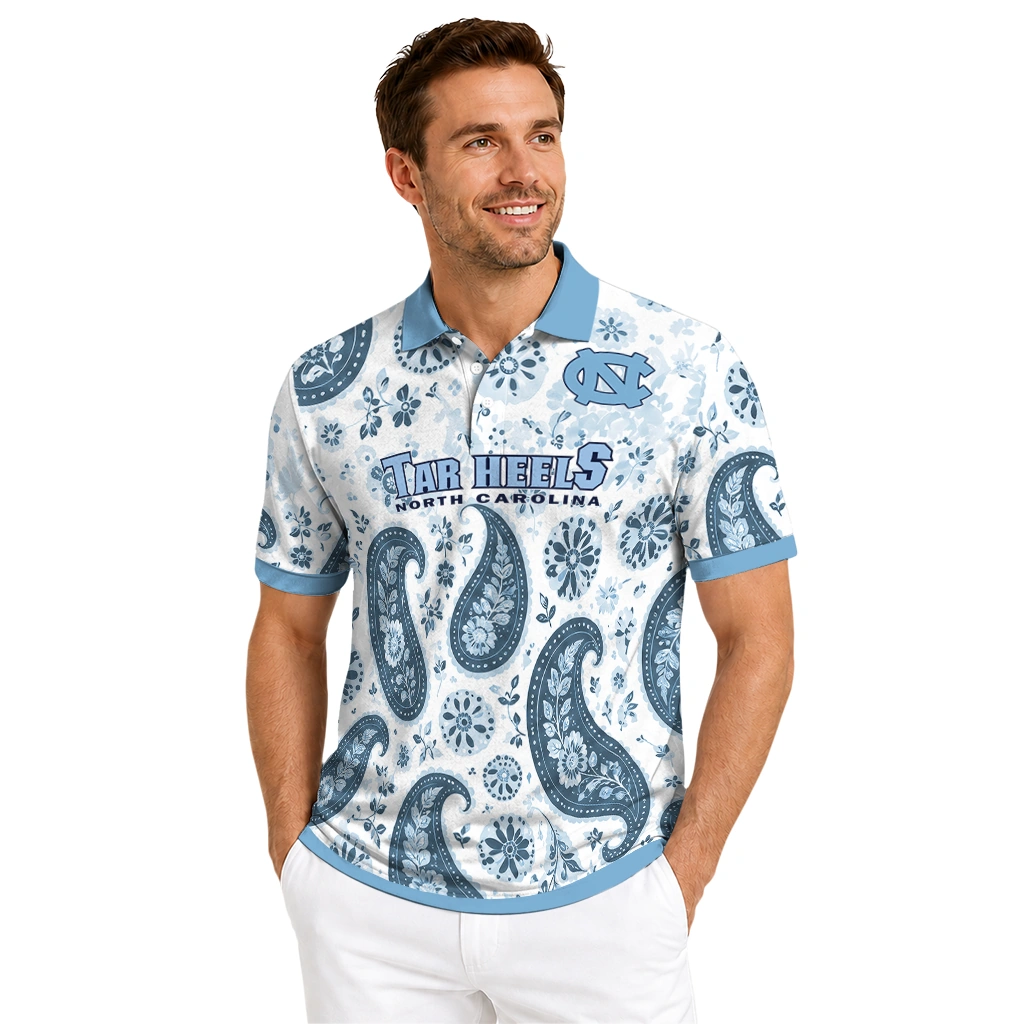 North Carolina Tar Heels Polo Shirt Customized Paisley Florals Light Blue White High Quality North Carolina Tar Heels Polo Shirt Customized Paisley Florals Light Blue White High Quality