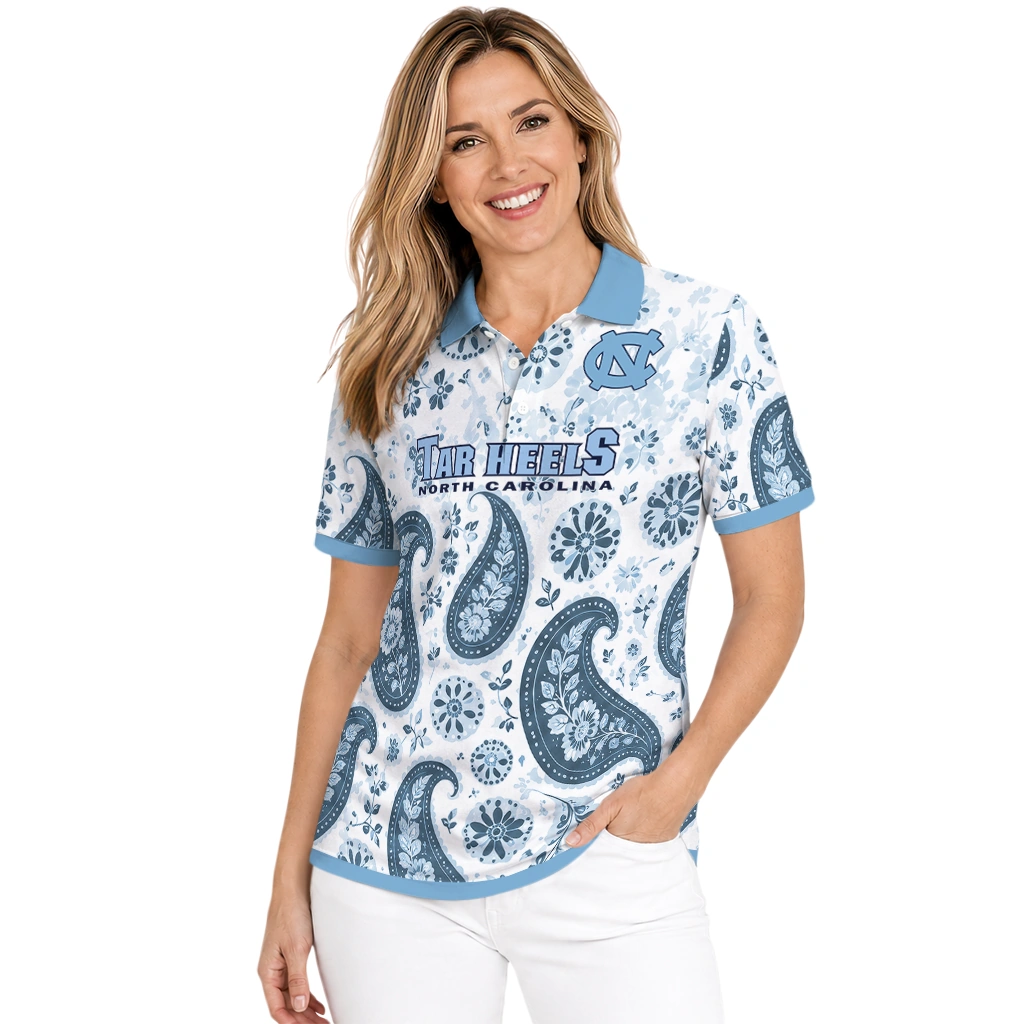 North Carolina Tar Heels Polo Shirt Customized Paisley Florals Light Blue White Latest Model North Carolina Tar Heels Polo Shirt Customized Paisley Florals Light Blue White Latest Model