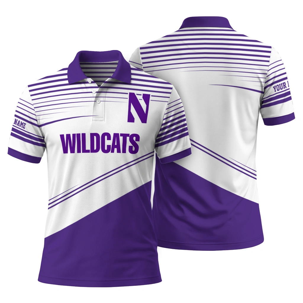Northwestern Wildcats Polo Shirt Customized Slanted Stripes Purple White Fashion Forward Northwestern Wildcats Polo Shirt Customized Slanted Stripes Purple White Fashion Forward