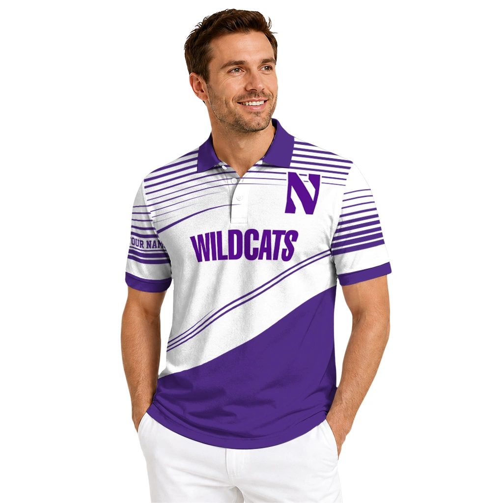 Northwestern Wildcats Polo Shirt Customized Slanted Stripes Purple White High Quality Northwestern Wildcats Polo Shirt Customized Slanted Stripes Purple White High Quality