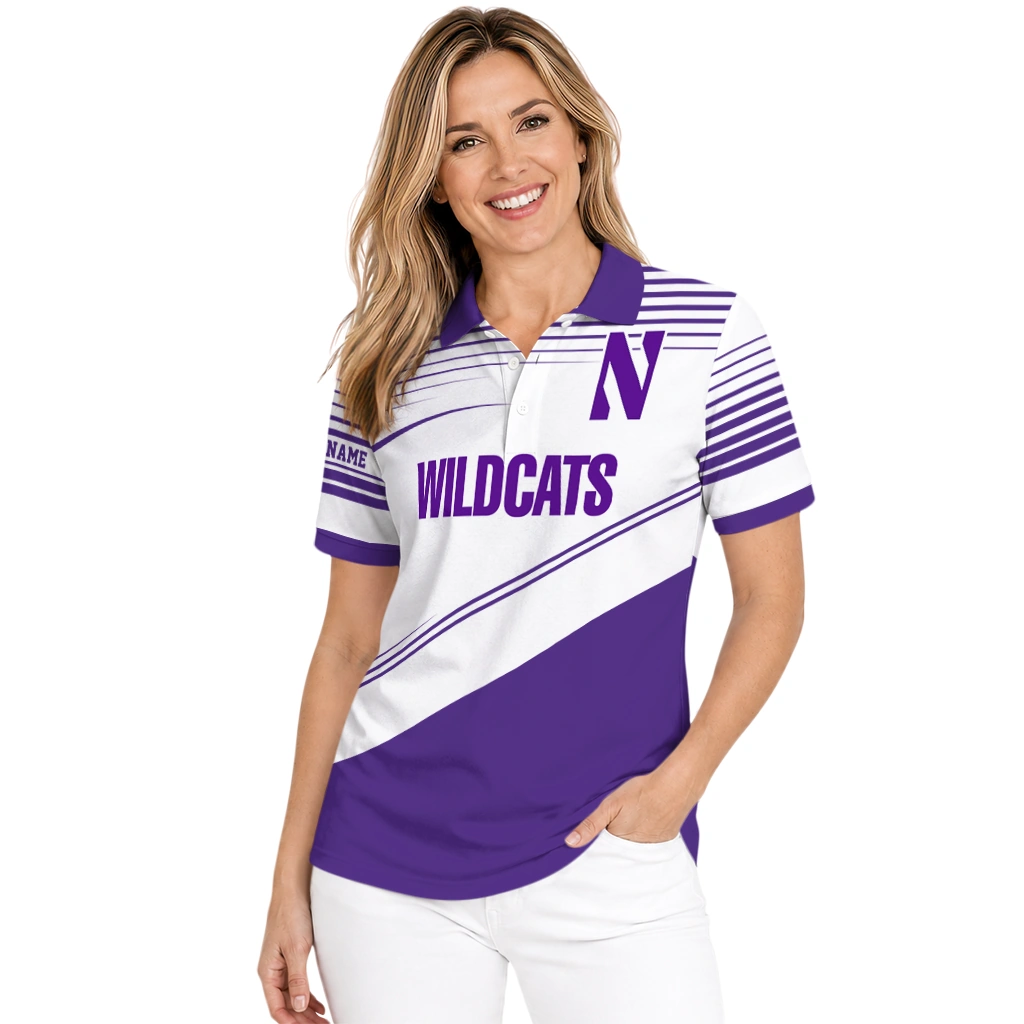 Northwestern Wildcats Polo Shirt Customized Slanted Stripes Purple White Latest Model Northwestern Wildcats Polo Shirt Customized Slanted Stripes Purple White Latest Model