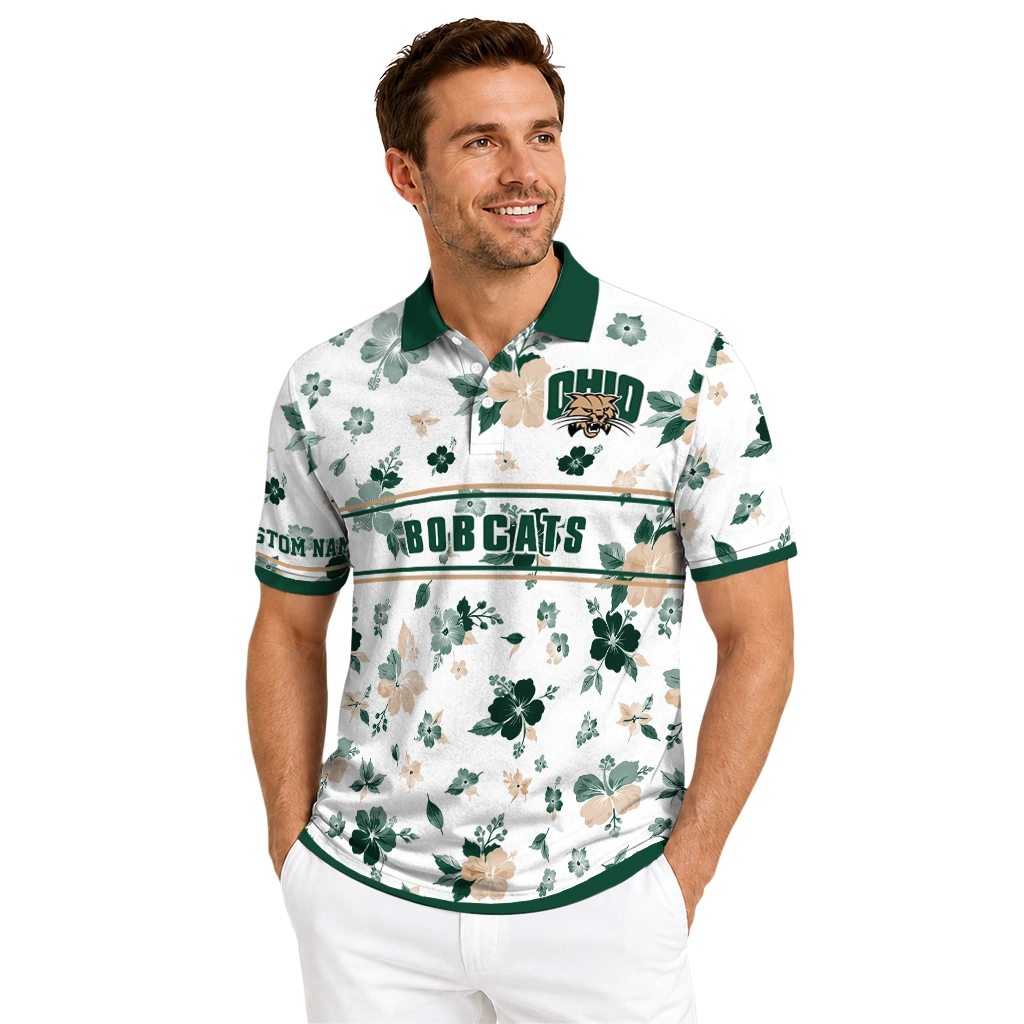 Ohio Bobcats Polo Shirt Customized Floral Pinstripe Green White High Quality Ohio Bobcats Polo Shirt Customized Floral Pinstripe Green White High Quality