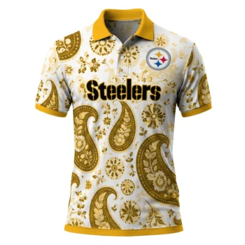 Pittsburgh Steelers Polo Shirt Custom Paisley Florals Gold White Best Selling