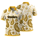 Pittsburgh Steelers Polo Shirt Custom Paisley Florals Gold White Best Selling