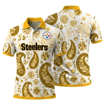 Pittsburgh Steelers Polo Shirt Custom Paisley Florals Gold White Fashion Forward