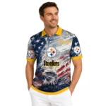 Pittsburgh Steelers Polo Shirt Custom Star Brushstrokes Gold Blue Best Selling