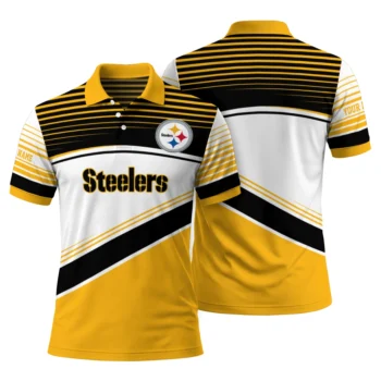 Pittsburgh Steelers Polo Shirt Customized Slanted Stripes Gold White Fashion Forward