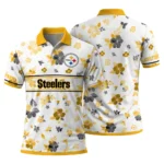 Pittsburgh Steelers Polo Shirt Personalized Floral Pinstripe Gold White Best Selling