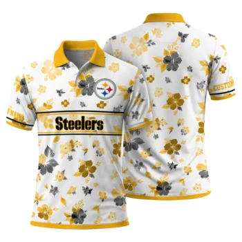 Pittsburgh Steelers Polo Shirt Personalized Floral Pinstripe Gold White Fashion Forward