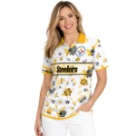 Pittsburgh Steelers Polo Shirt Personalized Floral Pinstripe Gold White Best Selling