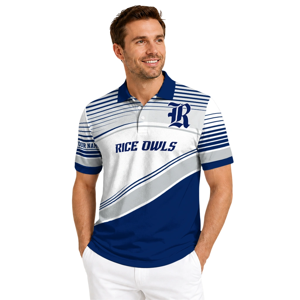 Rice Owls Polo Shirt Personalized Slanted Stripes Navy Blue White High Quality Rice Owls Polo Shirt Personalized Slanted Stripes Navy Blue White High Quality