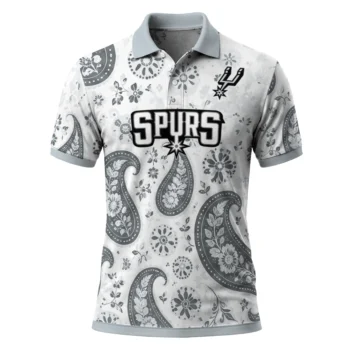 San Antonio Spurs Polo Shirt - Customized Paisley Florals Silver White