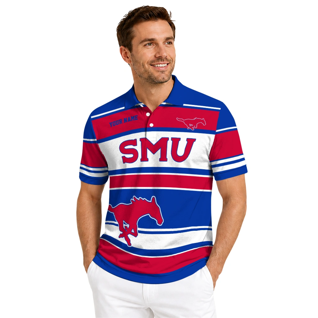 Smu Mustangs Polo Shirt Personalized Horizontal Blocks Blue High Quality Smu Mustangs Polo Shirt Personalized Horizontal Blocks Blue High Quality