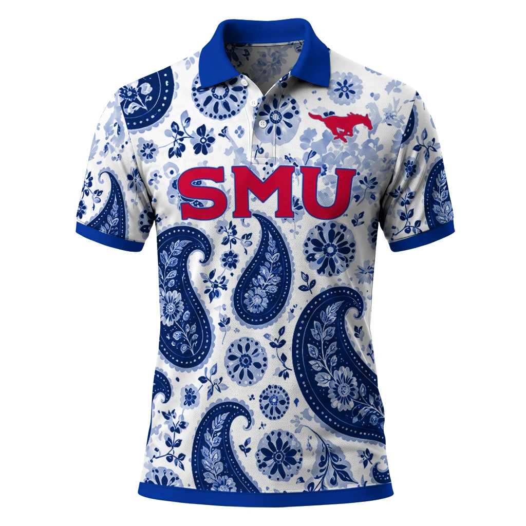 Smu Mustangs Polo Shirt Personalized Paisley Florals Blue White Best Selling Smu Mustangs Polo Shirt Personalized Paisley Florals Blue White Best Selling