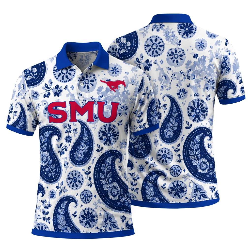 Smu Mustangs Polo Shirt Personalized Paisley Florals Blue White Fashion Forward Smu Mustangs Polo Shirt Personalized Paisley Florals Blue White Fashion Forward