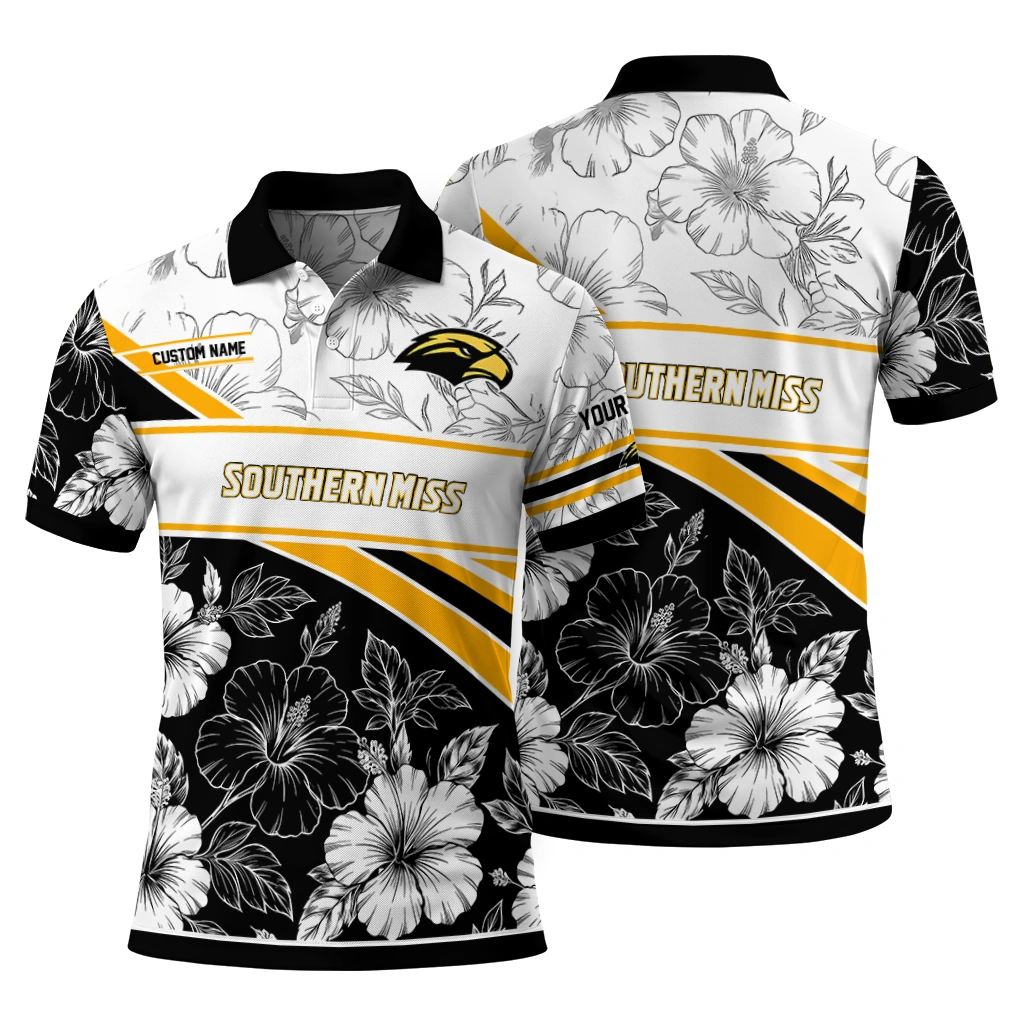 Southern Miss Golden Eagles Polo Shirt Custom Floral Angles Black White Fashion Forward Southern Miss Golden Eagles Polo Shirt Custom Floral Angles Black White Fashion Forward