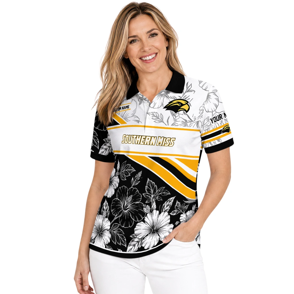 Southern Miss Golden Eagles Polo Shirt Custom Floral Angles Black White Latest Model Southern Miss Golden Eagles Polo Shirt Custom Floral Angles Black White Latest Model