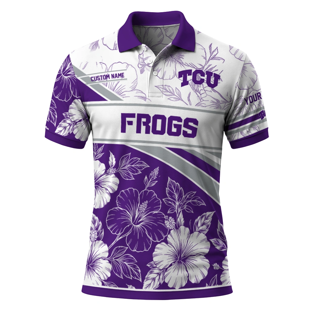Tcu Horned Frogs Polo Shirt Custom Floral Angles Purple White Best Selling Tcu Horned Frogs Polo Shirt Custom Floral Angles Purple White Best Selling