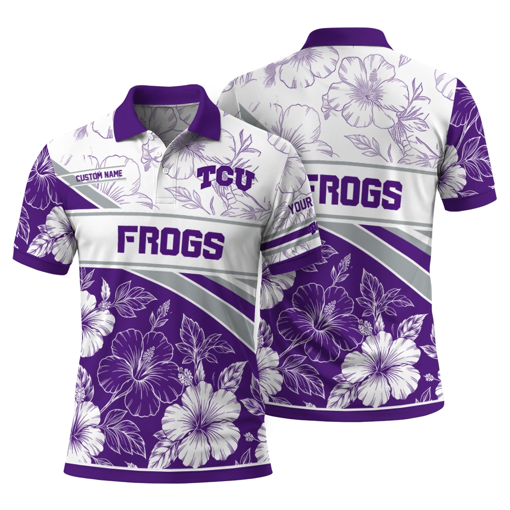 Tcu Horned Frogs Polo Shirt Custom Floral Angles Purple White Fashion Forward Tcu Horned Frogs Polo Shirt Custom Floral Angles Purple White Fashion Forward