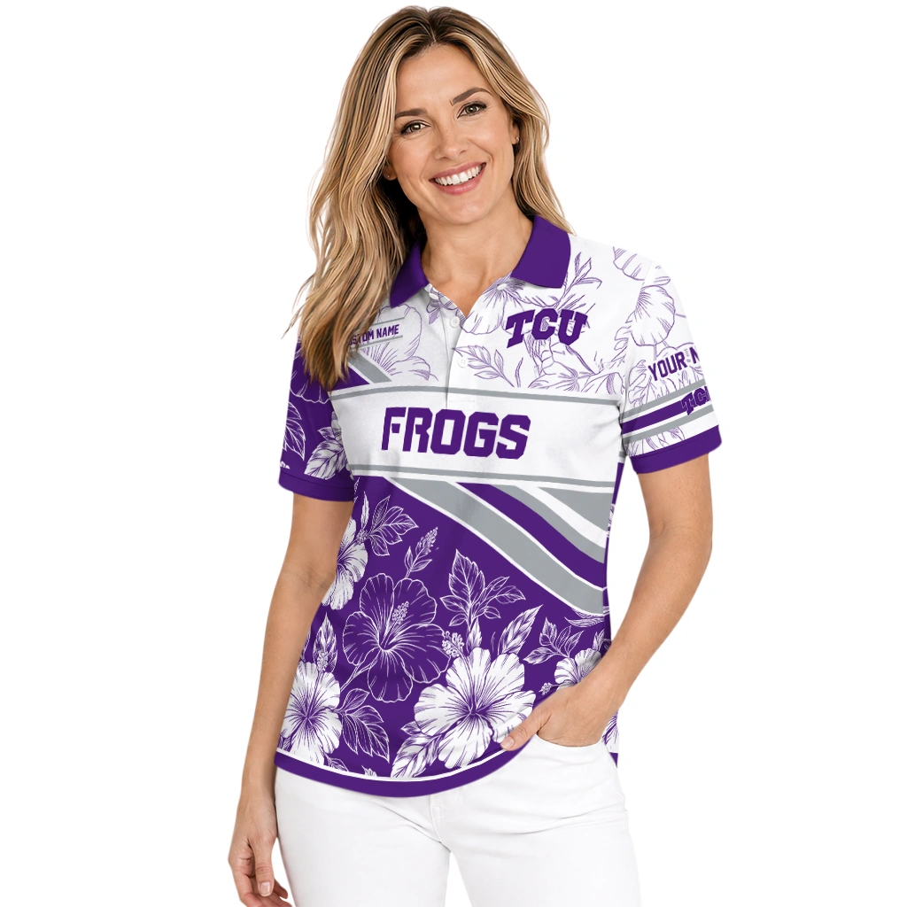 Tcu Horned Frogs Polo Shirt Custom Floral Angles Purple White Latest Model Tcu Horned Frogs Polo Shirt Custom Floral Angles Purple White Latest Model