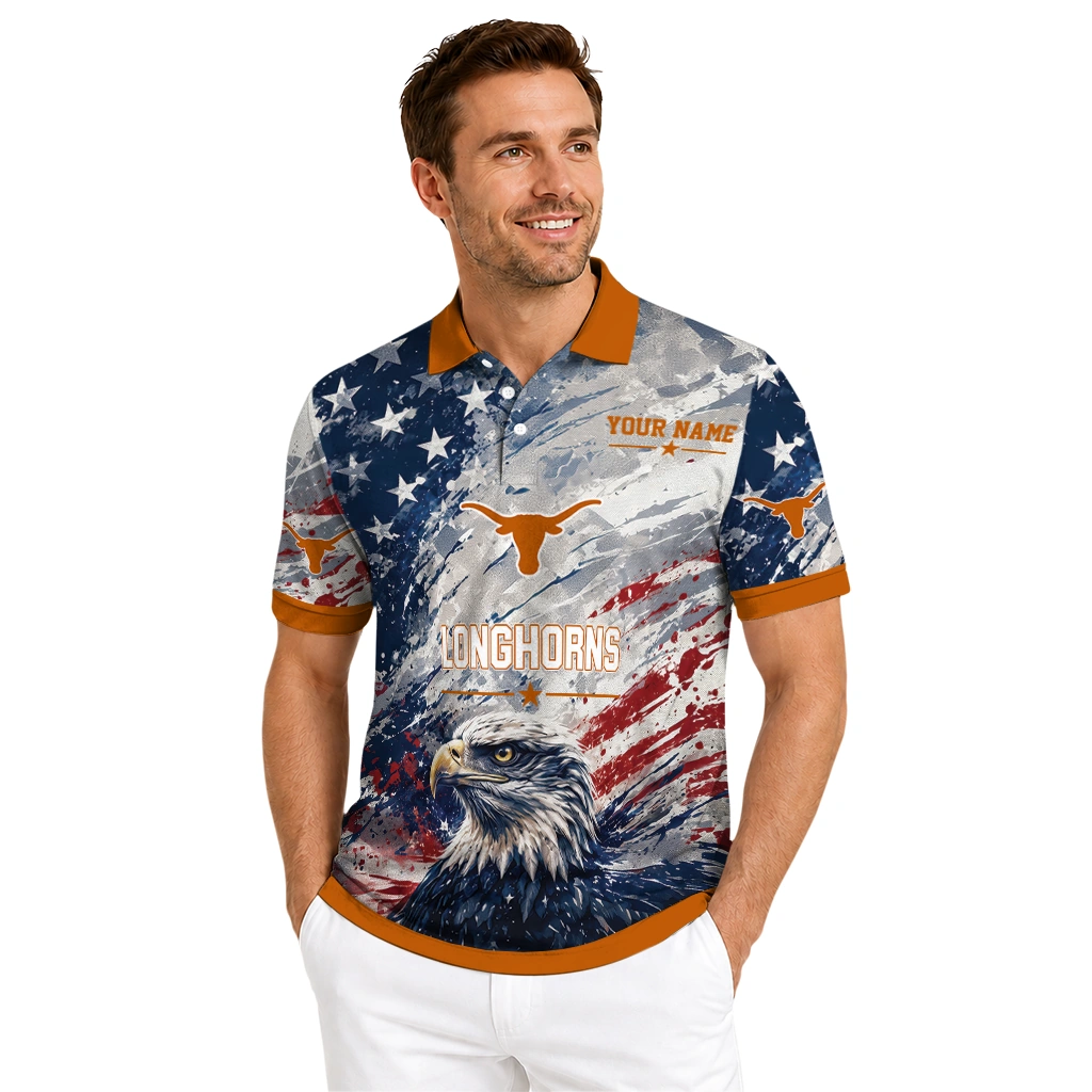 Texas Longhorns Polo Shirt Customized Star Brushstrokes Orange Blue High Quality Texas Longhorns Polo Shirt Customized Star Brushstrokes Orange Blue High Quality